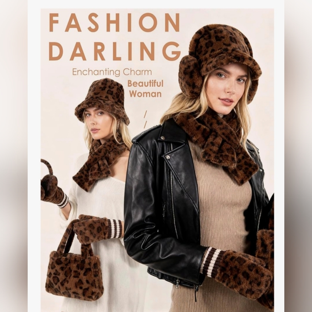 Leopard Print Faux Fur Hat & Accessory Set - Brown - Picture 4 of 9